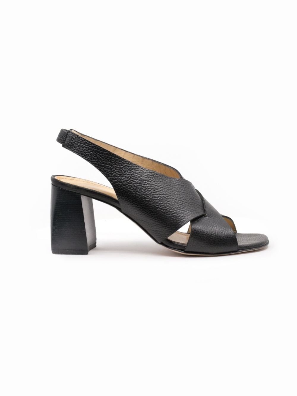 MATTEO BERTONI Black Pebbled Leather Block Heel Sandals Made in Italy